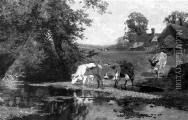 Cows Watering Oil Painting - Charles Collins II