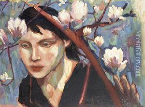 Girl With Magnolias I Oil Painting - Emil Funk