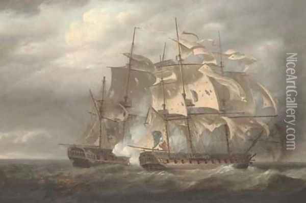 The capture of the French Frigate Tamise (formerly H.M.S. Thames) by H.M.S. Santa Margarita, under the command of Captain T. Byam Martin Oil Painting - Nicholas Pocock