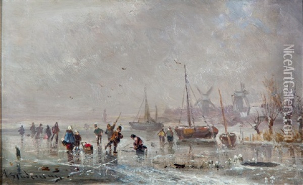 Ice View With Skaters Near A Dutch Villlage Oil Painting - Adolf Stademann
