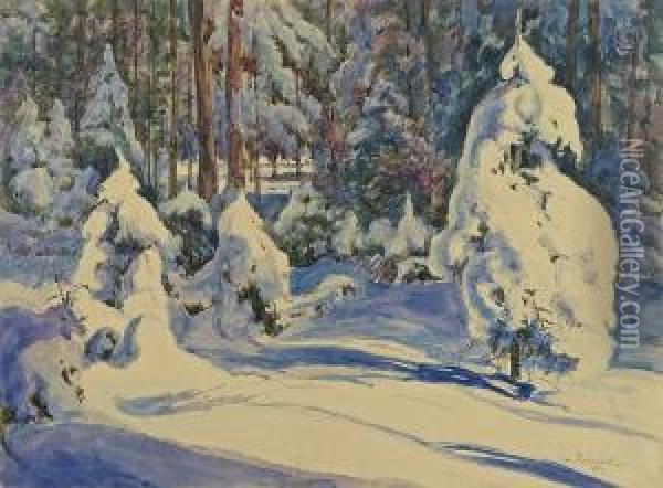 Forest In Snow Oil Painting - Jan Rubczak