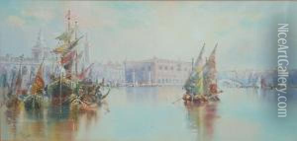 Venice: Boats Before The Riva Degli Schiavoni Oil Painting - R. Wellesley Webster
