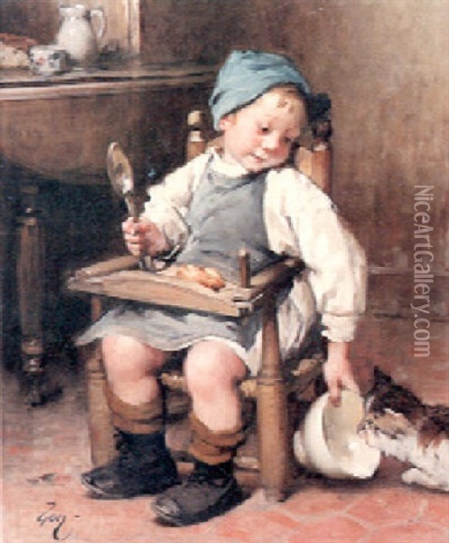 Sharing A Meal Oil Painting - Henry Jules Jean Geoffroy