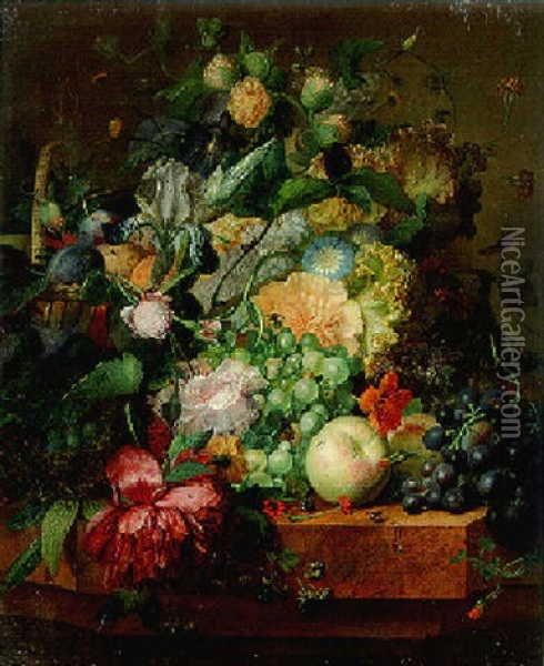 Irises, Roses, And Other Flowers With Apples, Grapes And Other Fruit On A Marble Ledge Oil Painting - Paul Theodor van Bruessel