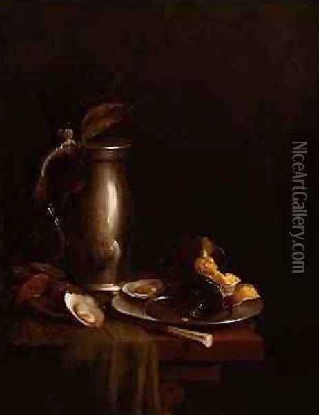 A pewter jug and plate Oil Painting - Simon Luttichuys