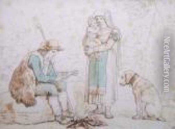 Junge Familie Mit Hund Bei Einem
 Lagerfeuer (ciociari Accando Il Fucco); Familie Mit Dem Kind Im Freien Oil Painting - Bartolomeo Pinelli