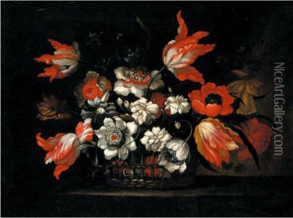 Still Life Of Tulips, 
Chrysanthemums, Poppies And Morning Glory In A Wicker Basket On A Stone 
Ledge Oil Painting - Bartolome Perez