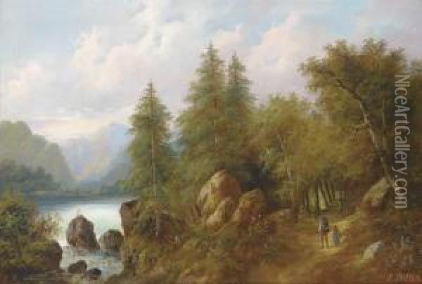 Travellers In A Wooded Landscape Oil Painting - Eduard Boehm