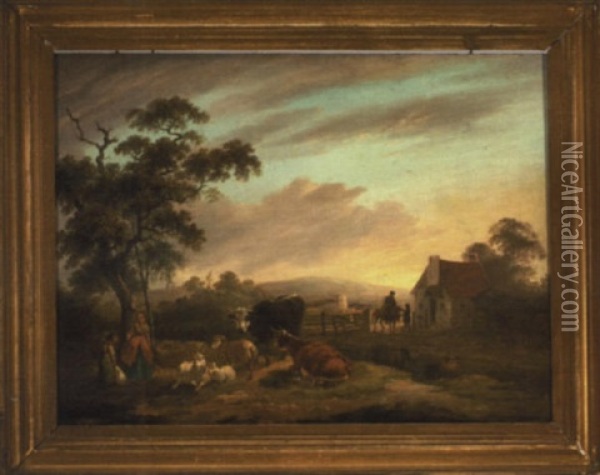Farmyard Scene With Two Shepherdesses Oil Painting - Peter La Cave