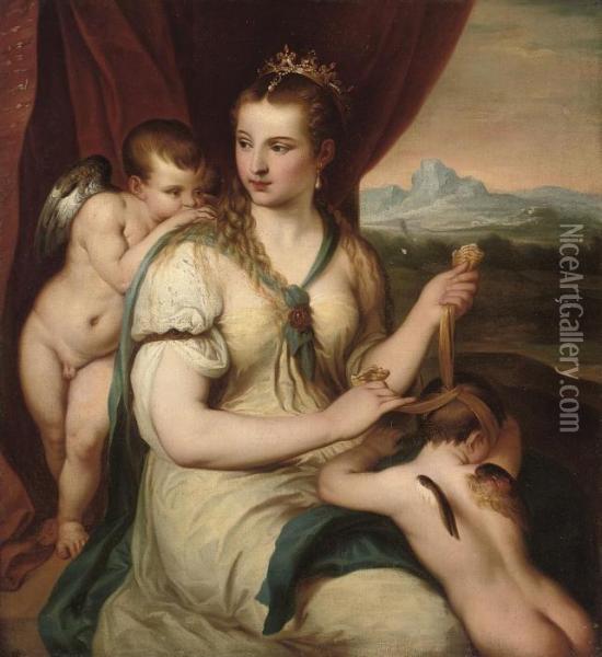 Venus Blindfolding Cupid Oil Painting - Tiziano Vecellio (Titian)