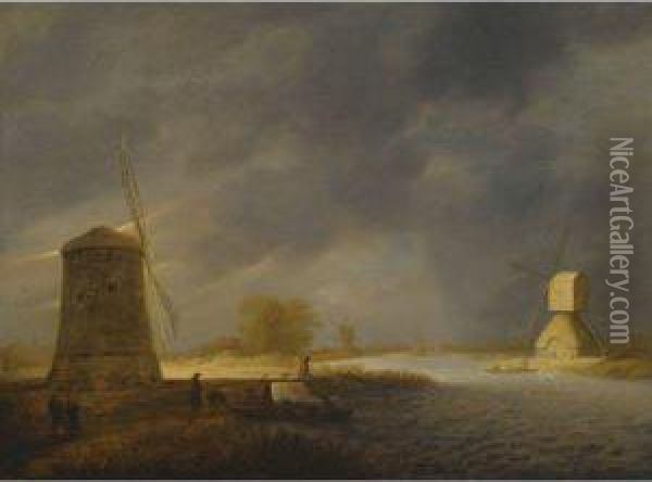 A Landscape With Windmills By A Waterway Oil Painting - Maerten Fransz. Van Der Hulft