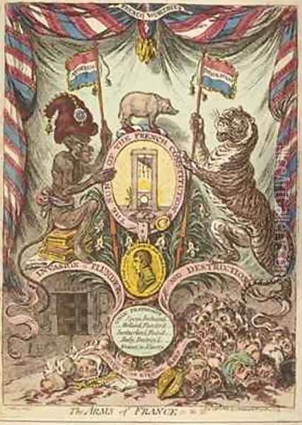 The Arms of France illustration from Loyal and patriotic hand bills songs addresses etc on the threatened invasion of Great Britain by Bonaparte Oil Painting - James Gillray