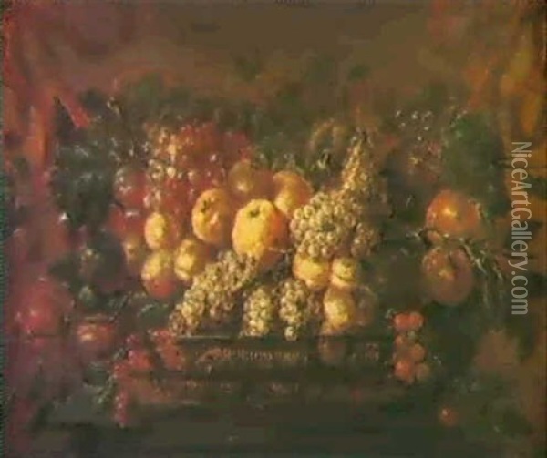 Apples, Grapes, Cherries, Redcurrants, A Melon And Other    Fruit In A Basket On A Plinth Oil Painting - Abraham Brueghel