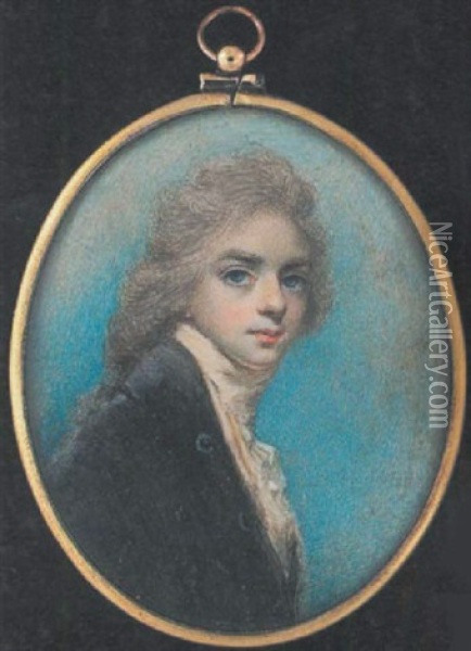 A Young Gentleman Wearing Dark Grey Coat, Cream Waistcoat And Frilled White Cravat, His Hair Worn In A Long Queue Oil Painting - William Armfield Hobday