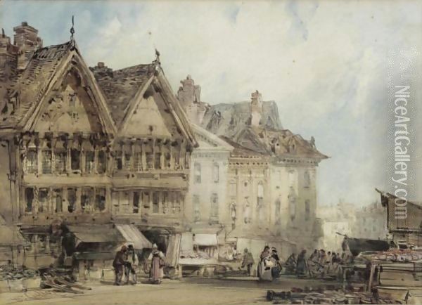 A Busy Market Square Oil Painting - William Callow