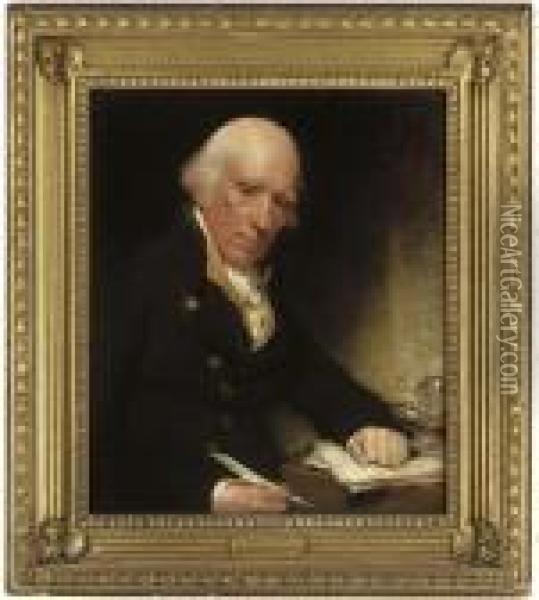 Portrait Of Warren Hastings, 
Seated At A Writing Table With Hisleft Hand On A Letter Signed With His 
Name Oil Painting - Sir William Beechey