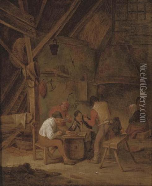 Peasants Smoking And Drinking In An Interior Oil Painting - Adriaen Jansz. Van Ostade