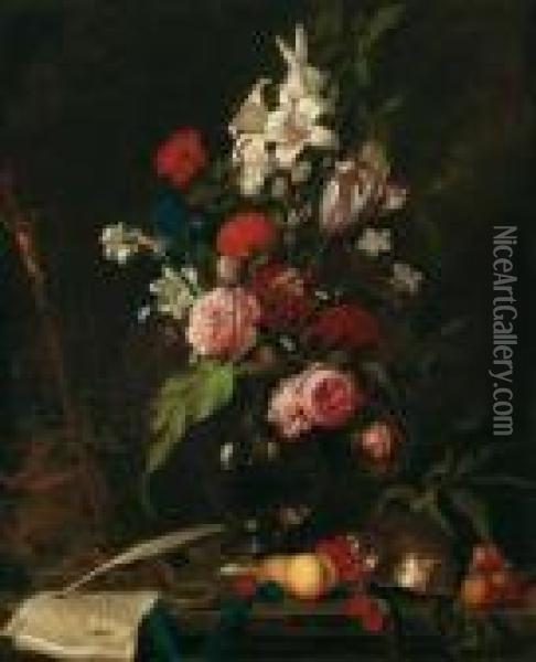 Blumenbouquet Mit Fruchten Oil Painting - Jan Davidsz De Heem