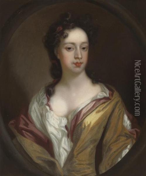 Portrait Of A Lady, Bust-length,
 In Yellow And Pink Classical Dress, With A White Chemise, Pink Ribbon 
In Her Hair, In A Feigned Oval Oil Painting - Sir Godfrey Kneller