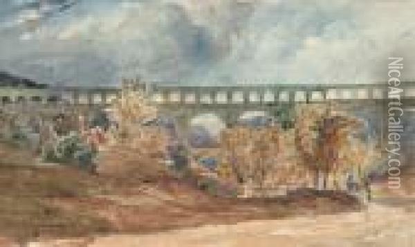 Le Pont Du Gard, Circa 1840 Oil Painting - Paul Huet