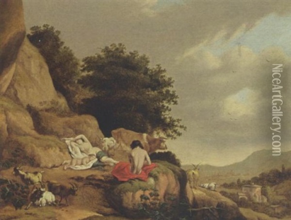 An Arcadian Landscape With A Nymph And A Shepherd Resting, With Goats And A Cow, A Village In The Distance Oil Painting - Cornelis Van Poelenburgh
