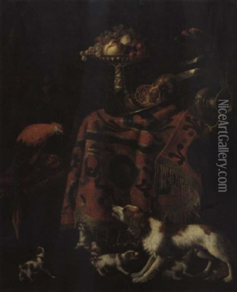 Stilleben Mit Fruchten, Einem Silbergefass, Hunden Und Einem Papagei Oil Painting - Guilliam Gabron
