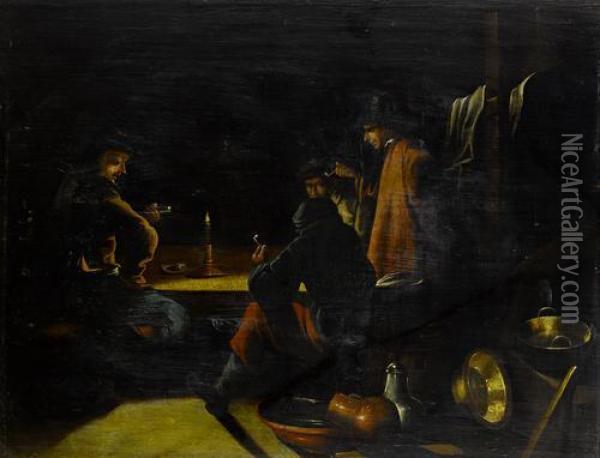 Figures Sewing And Spinning In An Interior Oil Painting - Justus Junker