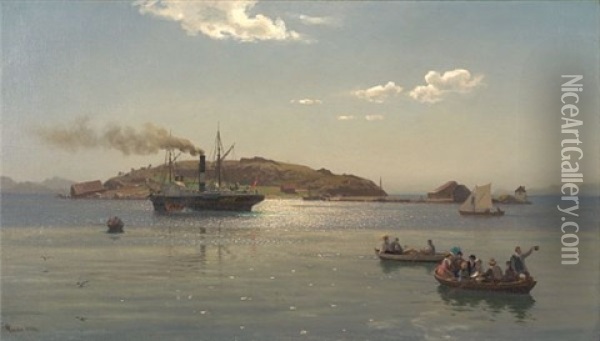 Fjordlandskap Med Dampbat Og Robater Oil Painting - Hans Frederick Gude