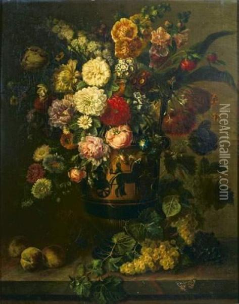 Bouquet Fleurs Dans Un Vase Grec A Figures Noires Sur Un Entablement Oil Painting - Bertrand-Georges Bayle