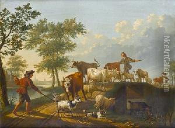 Drovers With Cattle, Sheep And Goats Crossing A Bridge In A River Landscape Oil Painting - Jan van Gool