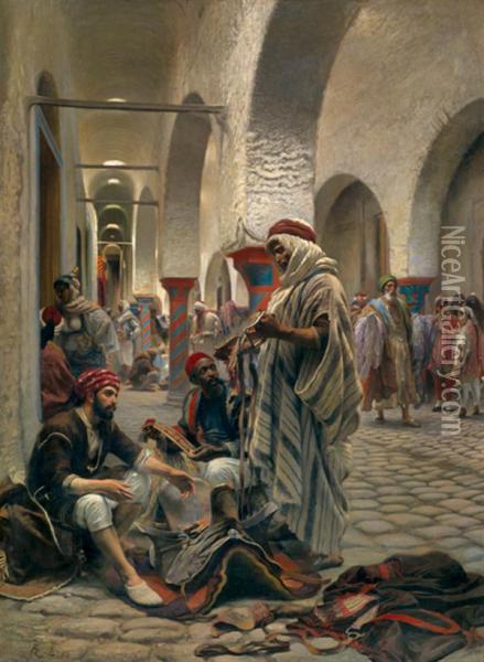 Le Souk Des Etoffes, Tunis. Oil Painting - Anton Robert Leinweber