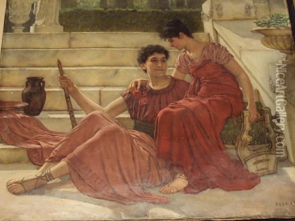 Two Classical Figures Seated On A Terrace Oil Painting - Reginald Ernest Arnold
