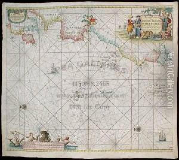 Van Keulen's Chart Of The West Coast Of Europe And Africa, From Scotland South To Gambia. East Is At The Top. A Pictorial Cartouche At Upper Right Depicts Traders Of Various Nationalities; At The Lower Left Is A Scale Of Miles With Mer-people And A Horse. Oil Painting - Johannes van Keulen