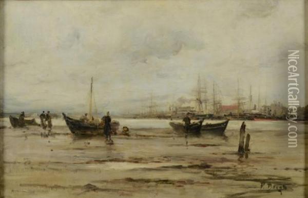 Barques Et Pecheurs A Maree Basse Devant Un Port Oil Painting - Frank Myers Boggs