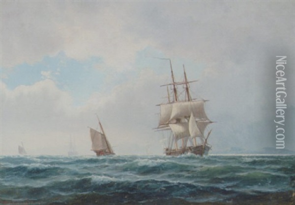 Marine Med Sejlskibe Pa Havet Oil Painting - Holger Henrik Herholdt Drachmann