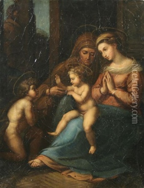Madonna And Child With St. Anne And St. John The Baptist Oil Painting - Giulio Romano