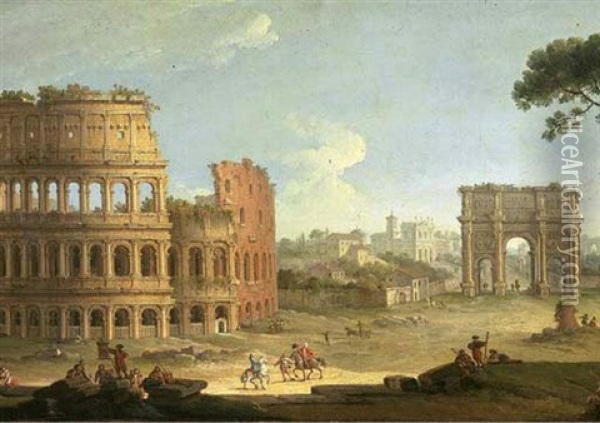 Rome: The Colosseum With The Arch Of Constantine, From The Orto Of The Frati Di Santa Fancesca Romana Oil Painting - Hendrick Frans van Lint