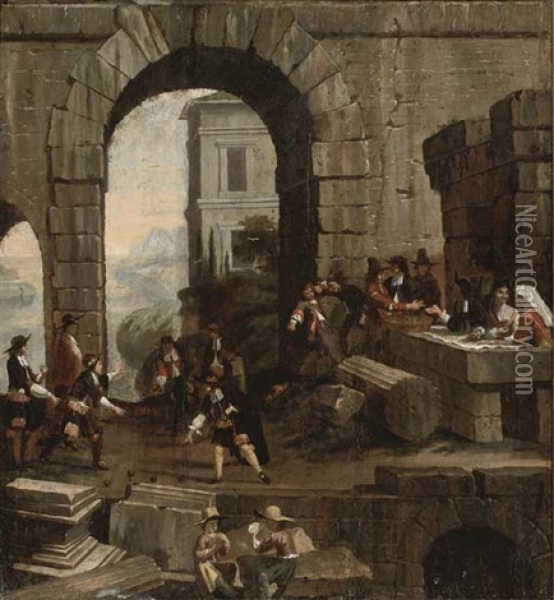 A Mediterranean Coastal Inlet With Classical Ruins And Men Playing Bowls, Fighting, Children Playing Cards And Others Drinking Oil Painting - Johannes Lingelbach