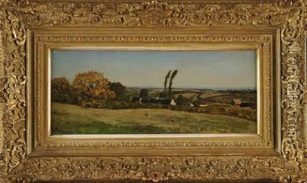 Paysage Au Deux Peupliers Et Hameau Oil Painting - Henri-Joseph Harpignies