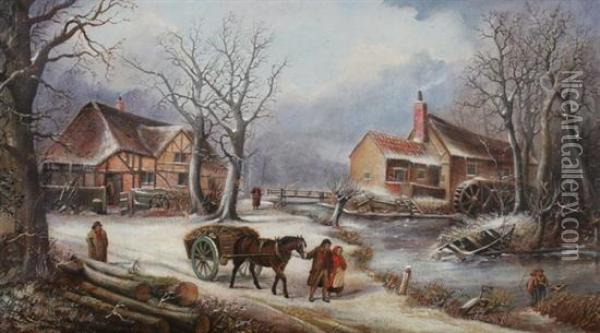 Horse Drawn Wagon In Snow Oil Painting - Thomas Smythe