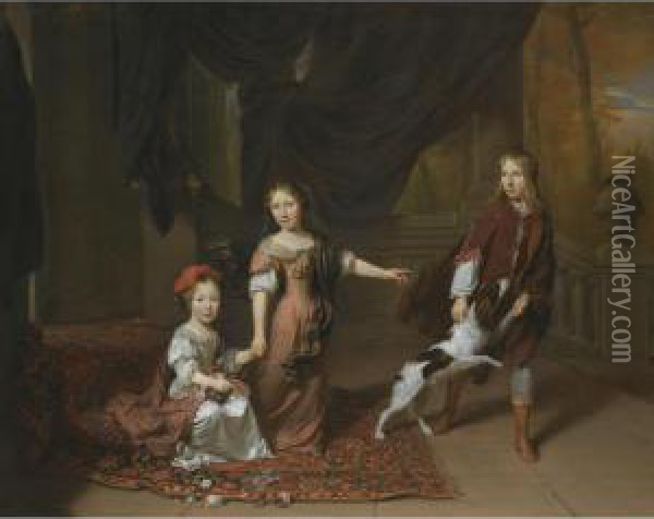 A Portrait Of Two Sisters And Their Brother Playing With A Dog Oil Painting - Jan Verkolje