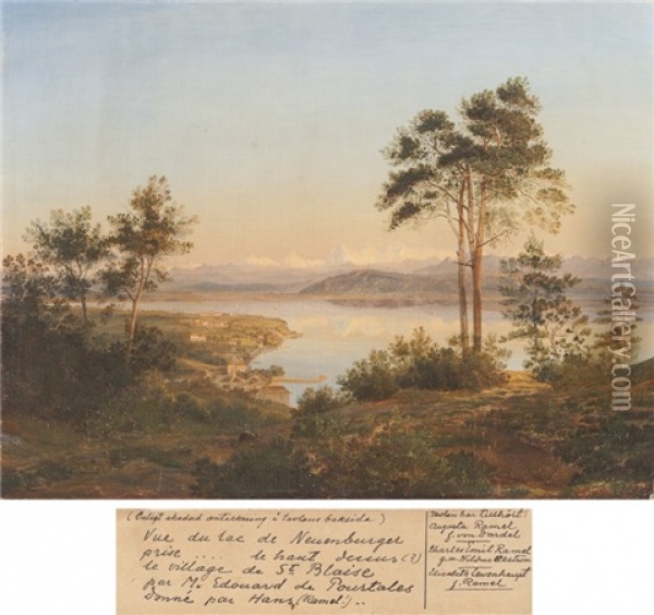 Le Lac De Neuenburger (neuchatel) Et Le Village De Saint-blaise Oil Painting - Edouard Pourtales Pury
