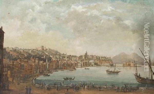 Naples And The Riviera Di Chiaia From The Convento Di Sant'antonio, With Mount Vesuvius In The Distance Oil Painting - Pietro Antoniani
