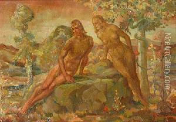 Adam And Eve With The Serpent In The Garden Of Eden Oil Painting - Frank J. Van Sloun