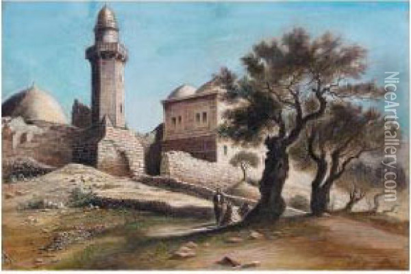Figures Under A Tree By The City Walls, Jerusalem Oil Painting - Friedrich Perlberg