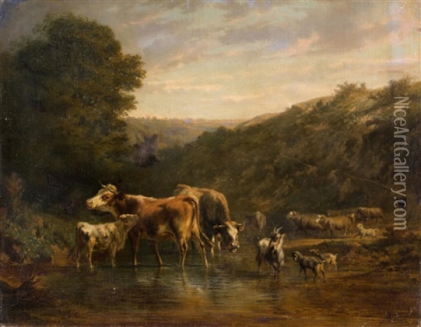 Viehherde An Der Tranke Oil Painting - Charles (Jean-Ch. Ferdinand) Humbert
