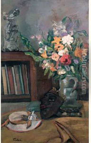 Still Life With Flowers And A Mask Oil Painting - Adolphe Feder