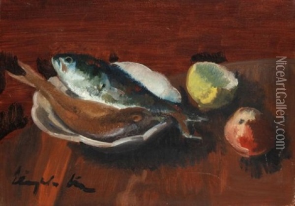 Nature Morte Aux Poissons, Pomme Et Citron ( + Paysage, Study; Verso) Oil Painting - Alphonse Jacques (Said) Levy