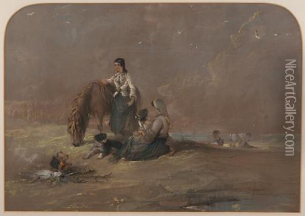 A Gypsy Family With Ponies And A Dog And A Copper Kettle On The Fire Oil Painting - Edward Robert Smythe