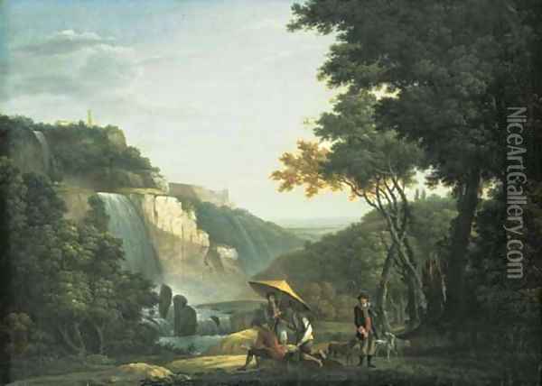 View of the Falls at Tivoli and the Villa of Maecenas, an artist sketching and sportsmen in the foreground Oil Painting - Jacob More